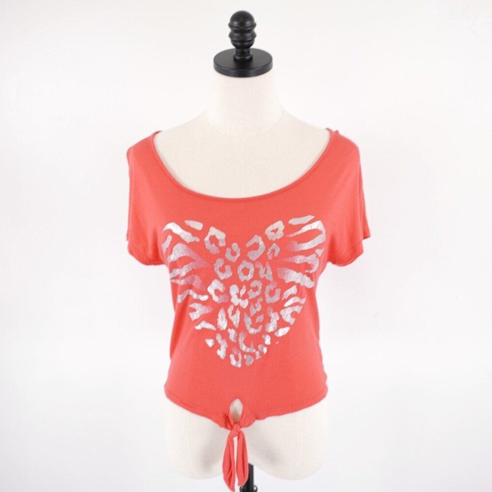 Rue21 Small‎ Scoop Neck Tie  Metalic Flower Heart Pink /Orange Top Rayon